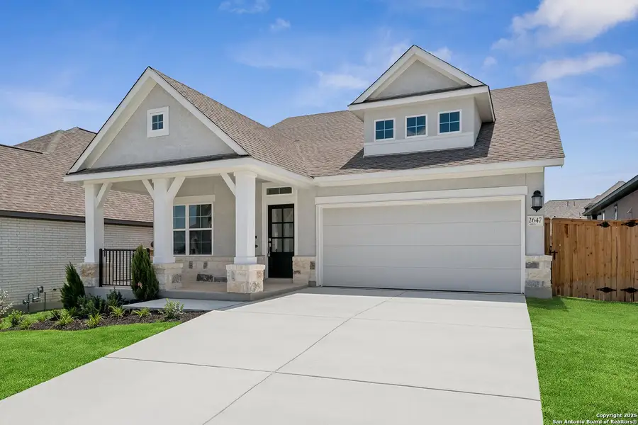 Front exterior of a new home in Ladera - High Point 45', San Antonio, TX, highlighting curb appeal (Image 1). Front exterior of a new home in Ladera - High Point 45', San Antonio, TX, highlighting curb appeal (Image 1).