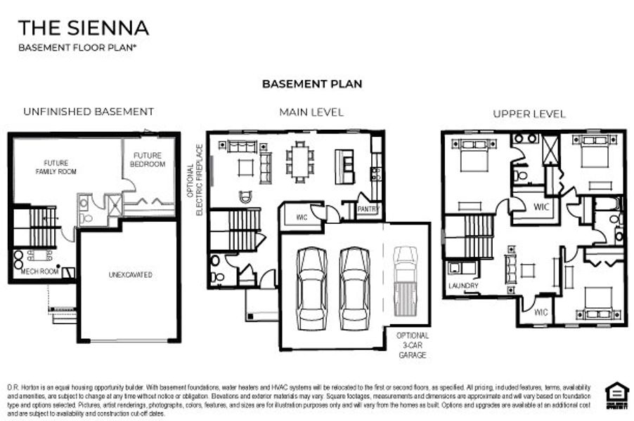 2D floor plan layout for the The Sienna by D.R. Horton in Thornton Townes, Raleigh, NC (Image 3).