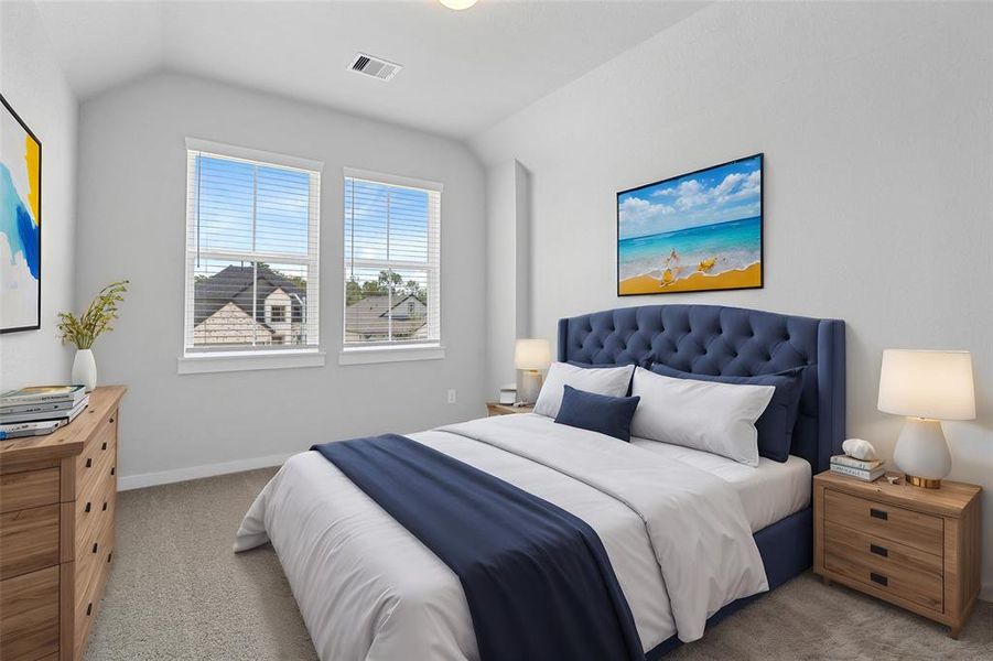 Secondary bedroom features plush carpet, custom paint, high ceilings, and large window with privacy blinds.