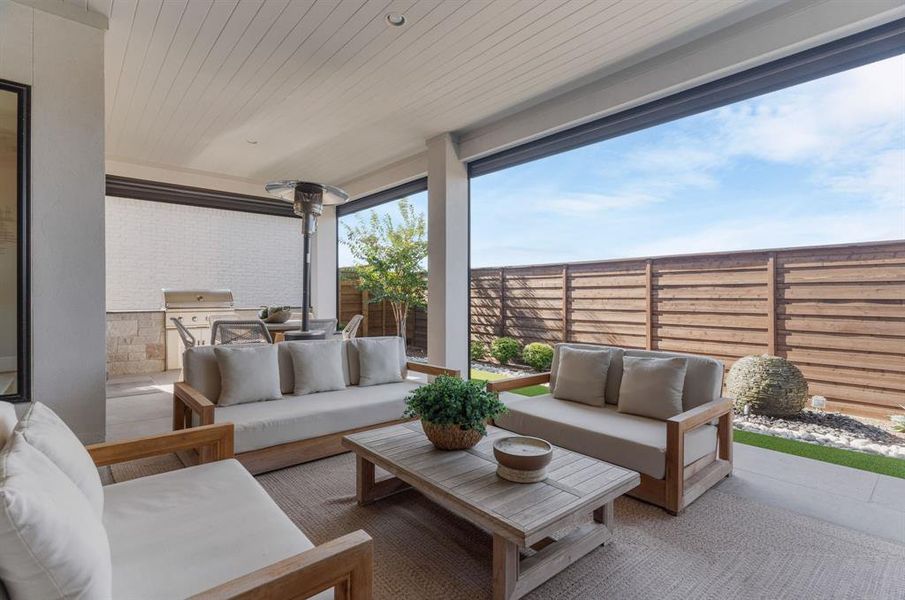 Covered patio with motorized outdoor screens. Covered patio with motorized outdoor screens.