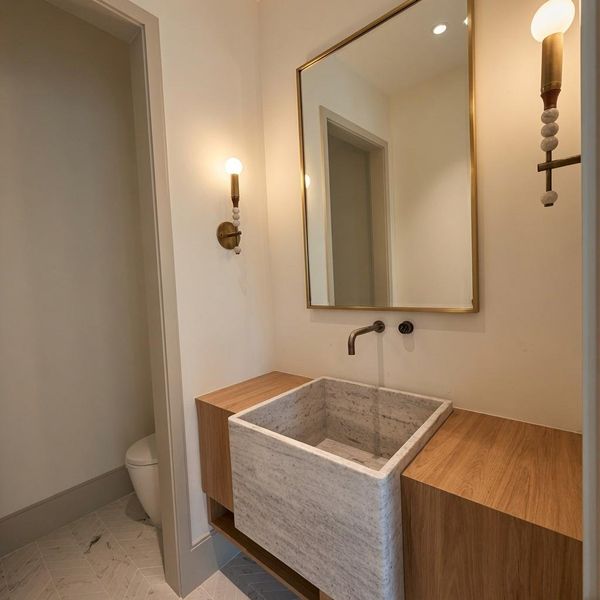Quietly tucked away on the first floor, this powder bathroom boasts a stone vessel sink and stunning brass mirror that catches the light from both sconces at once. Quietly tucked away on the first floor, this powder bathroom boasts a stone vessel sink and stunning brass mirror that catches the light from both sconces at once.