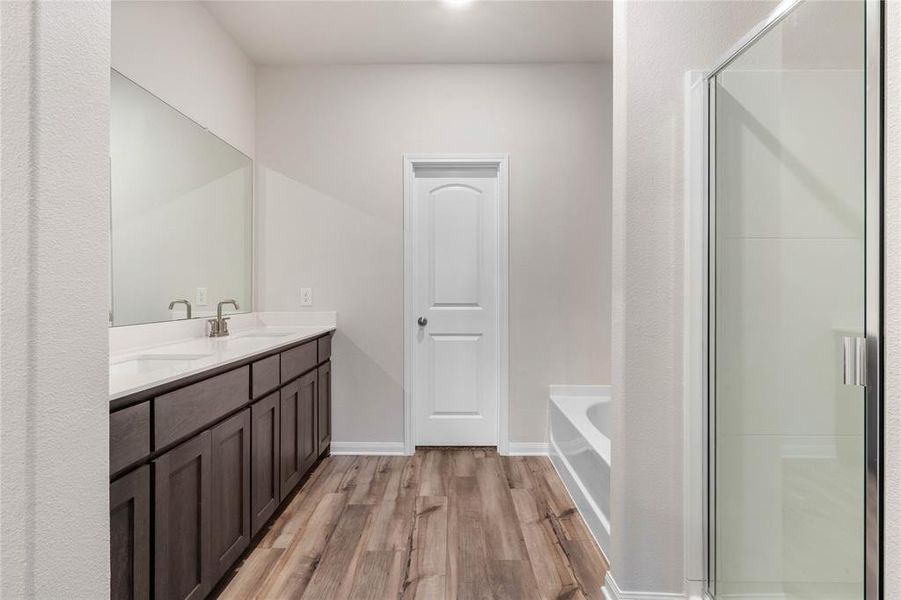 Full bathroom featuring wood finished floors, a sink, a shower stall, a bath, and double vanity