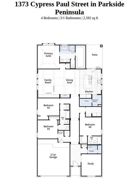 2D floor plan layout of this home in Parkside Peninsula, Georgetown, TX (Image 2).