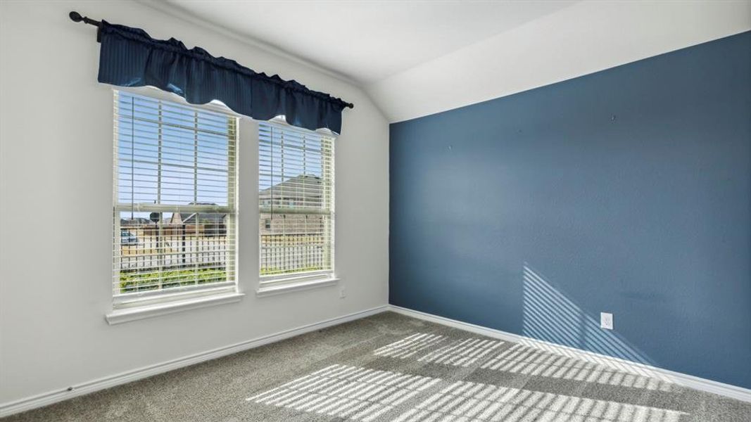 This room features two windows with blinds and a valance, a textured wall, and carpeting