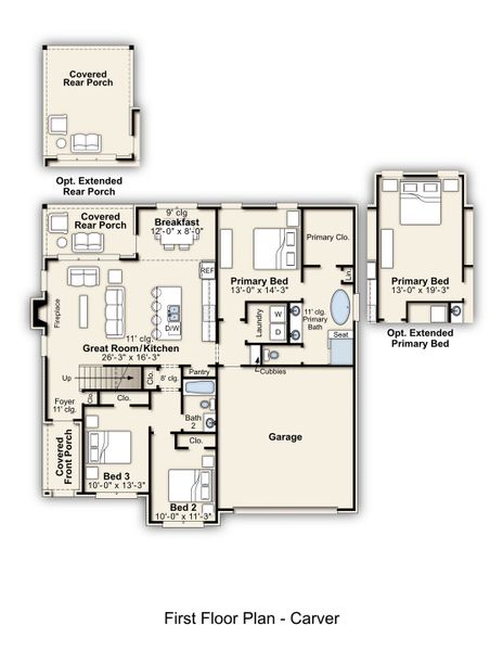 2D floor plan layout for the Carver by Grant & Co in Twin Oaks, Oakland, TN (Image 3).