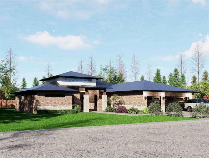 Contemporary hill country style home featuring a front yard and brick siding Contemporary hill country style home featuring a front yard and brick siding