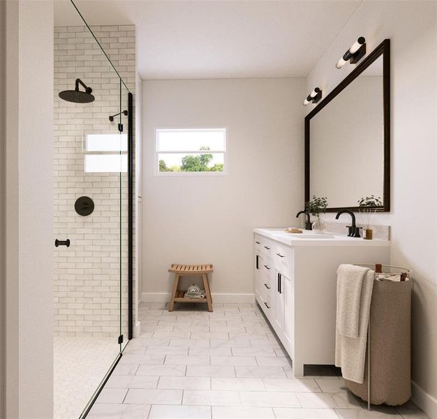 Bathroom with vanity and tiled shower