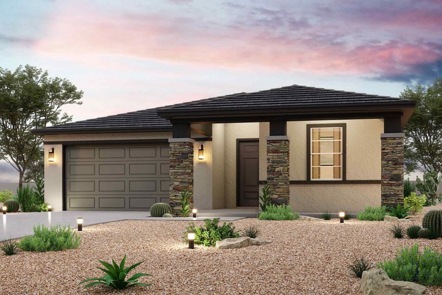 Representative exterior photo of a completed home built from the Erie by Century Communities in The Lakes at Rancho El Dorado, Maricopa, AZ (Image 1). Representative exterior photo of a completed home built from the Erie by Century Communities in The Lakes at Rancho El Dorado, Maricopa, AZ (Image 1).