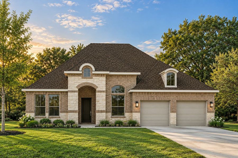 Representative exterior photo of a completed home built from the Houston by Kindred Homes in Dominion Park, Waxahachie, TX (Image 2). Representative exterior photo of a completed home built from the Houston by Kindred Homes in Dominion Park, Waxahachie, TX (Image 2).