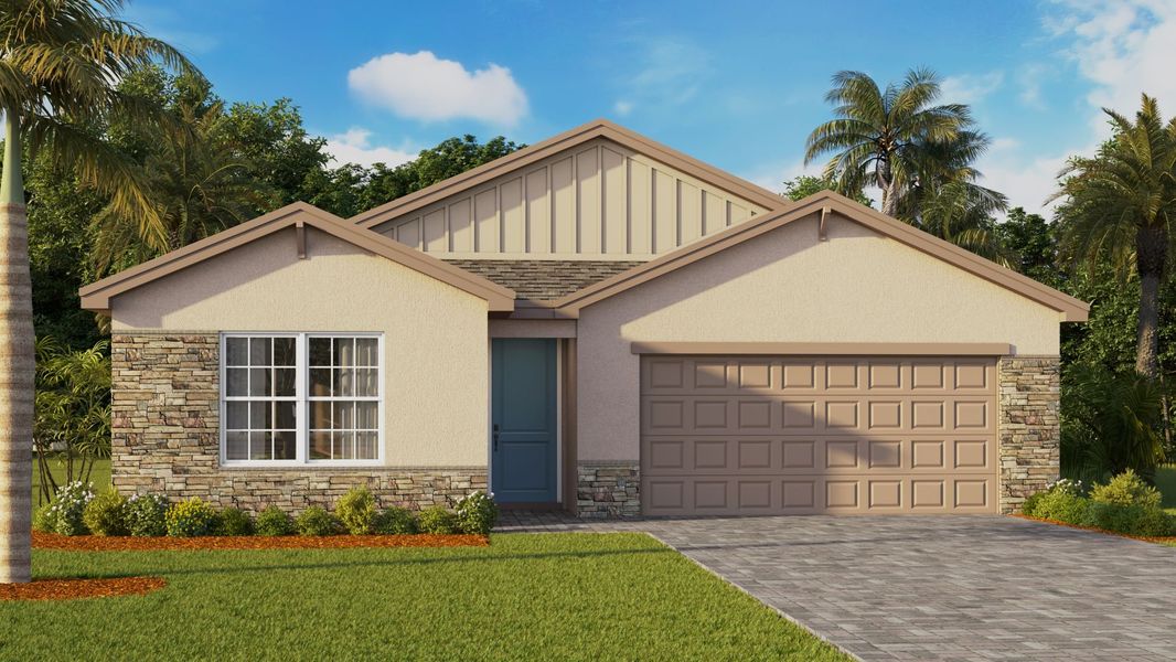 Front exterior of a new home in Palmetto Landing at Babcock Ranch Express, Punta Gorda, FL, highlighting curb appeal (Image 1). Front exterior of a new home in Palmetto Landing at Babcock Ranch Express, Punta Gorda, FL, highlighting curb appeal (Image 1).