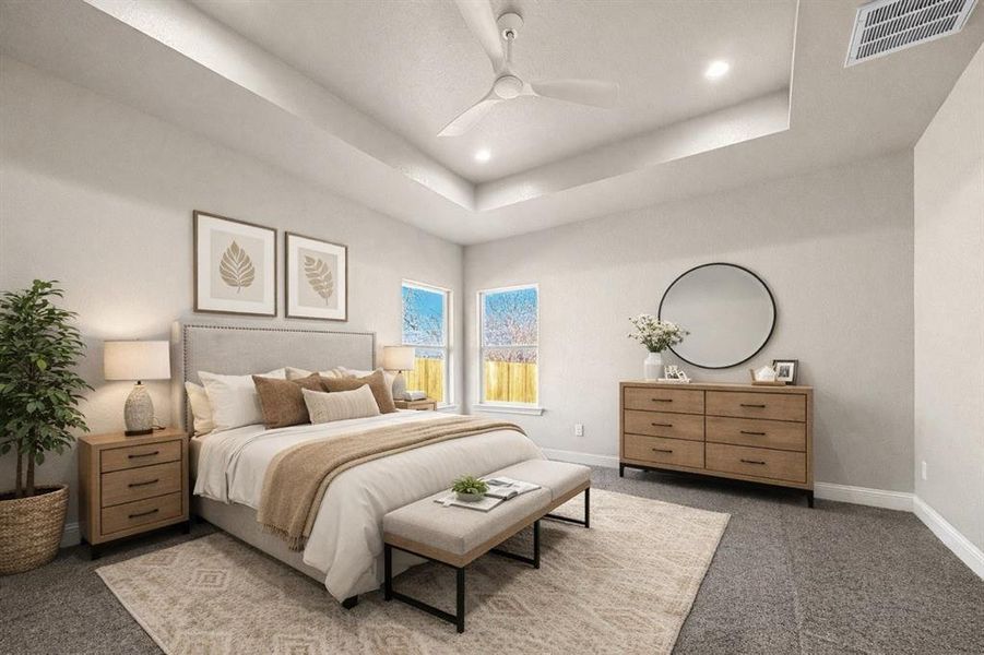 Bedroom featuring carpet floors, a ceiling fan, recessed lighting, and a raised ceiling Bedroom featuring carpet floors, a ceiling fan, recessed lighting, and a raised ceiling
