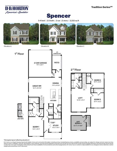 2D floor plan layout for the Spencer by D.R. Horton in The Villas at Haywood Glen, Knightdale, NC (Image 3).