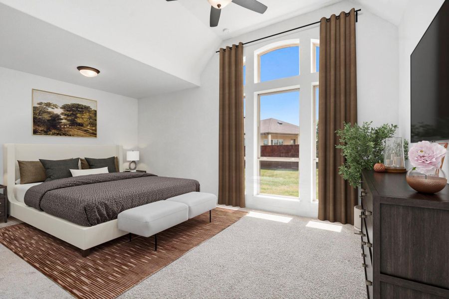 The primary bedroom welcomes you with bright natural light and the perfect view of the serene yard. It sits at the back of the home offering additional privacy and easily fits a king size bed plus furniture! *This photo has been virtually staged.