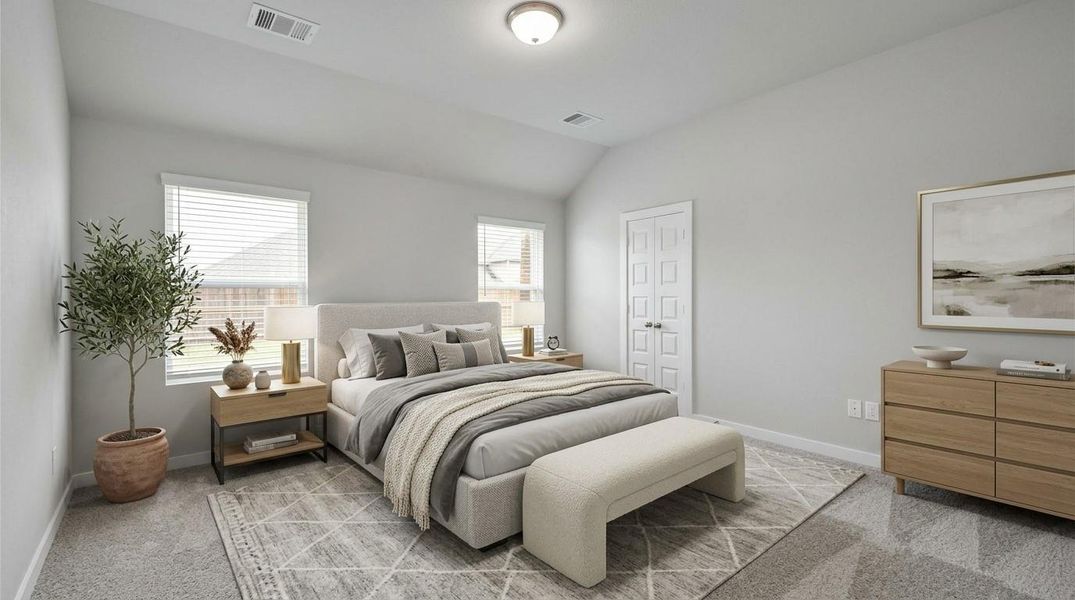 Virtually Staged - Primary Bedroom. Sample photo of completed home with similar floor plan. Actual colors and selections may vary. Virtually Staged - Primary Bedroom. Sample photo of completed home with similar floor plan. Actual colors and selections may vary.