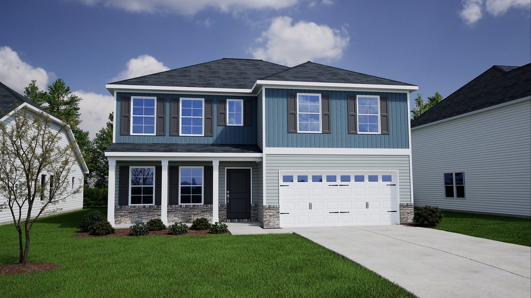 Representative exterior photo of a completed home built from the Wilkinson - Genesis Value Collection by Mungo Homes in Ellington, Elgin, SC (Image 29). Representative exterior photo of a completed home built from the Wilkinson - Genesis Value Collection by Mungo Homes in Ellington, Elgin, SC (Image 29).