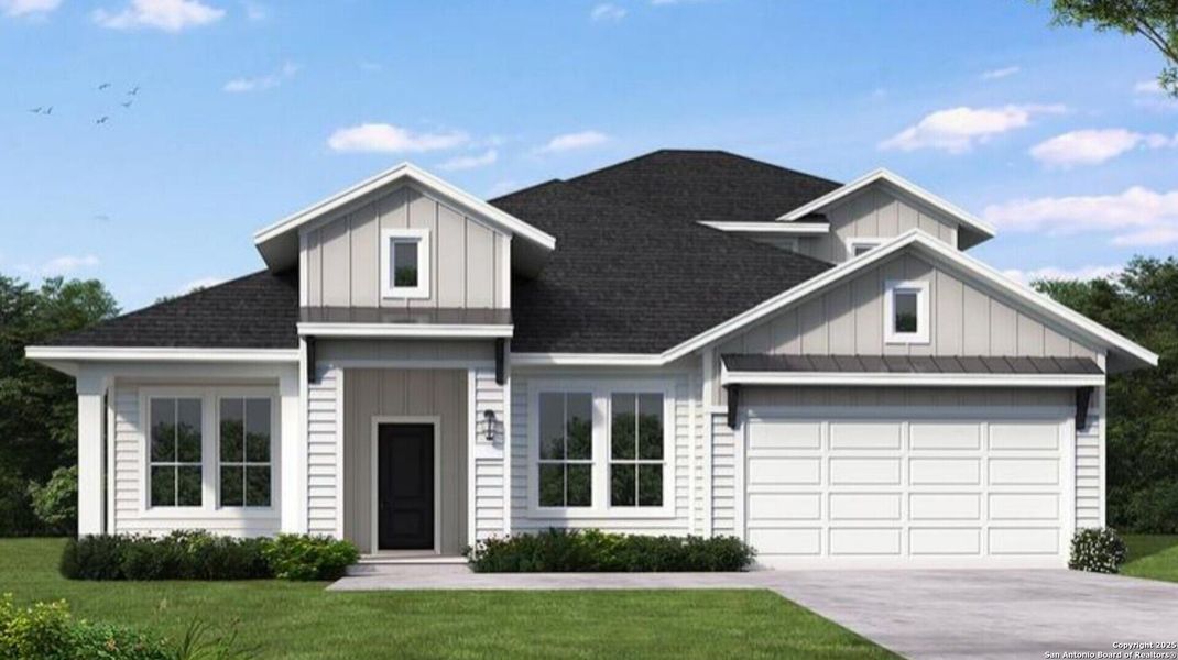 Front exterior of a new home in Homestead, Schertz, TX, highlighting curb appeal (Image 1).