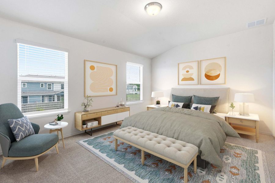 Bright bedroom featuring two large windows, neutral-toned carpeting, and a built-in overhead light fixture Bright bedroom featuring two large windows, neutral-toned carpeting, and a built-in overhead light fixture