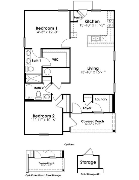 2D floor plan layout for the Perry by D.R. Horton in Cottonwood Place, Tabor City, NC (Image 4).