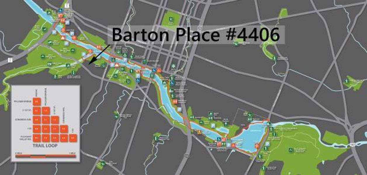 Partial Map of Hike & Bike Trail, with Barton Place as the Hub between LadyBird Lake circuit & the 14 Mile "Greenbelt Trail" to the SE through Zilker Park.