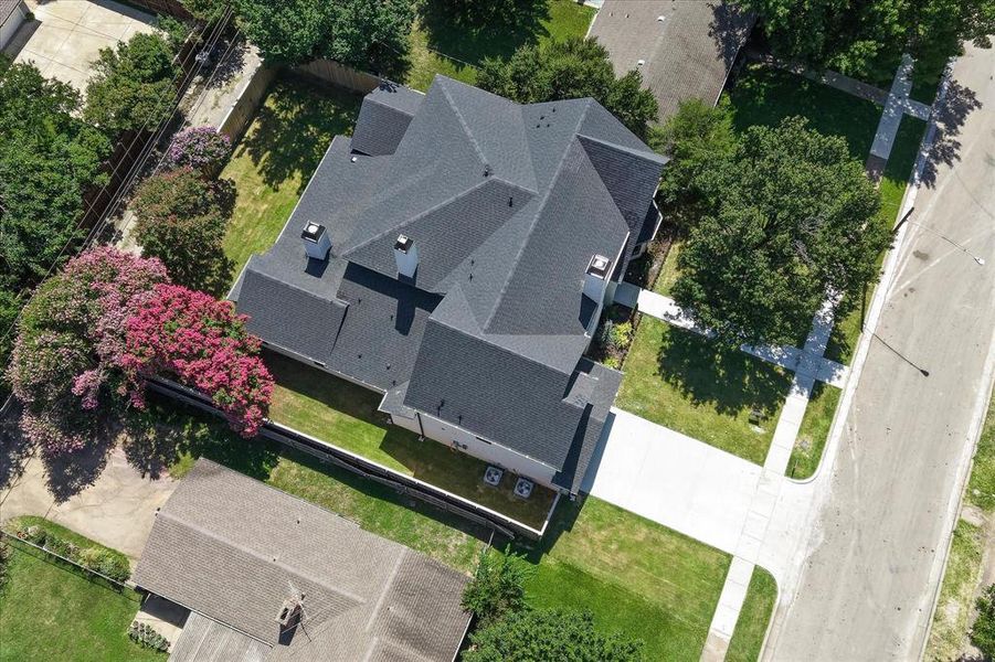 Aerial rear, covered patio, backyard, alley access Aerial rear, covered patio, backyard, alley access