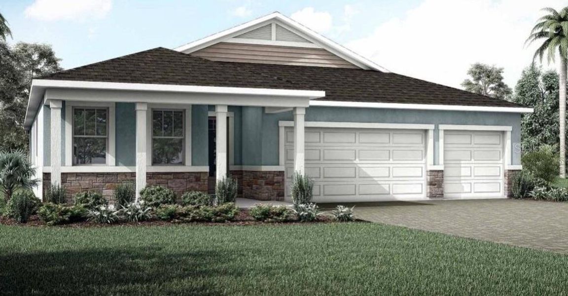 Front exterior of a new home in Crosswind Ranch, Parrish, FL, highlighting curb appeal (Image 1).