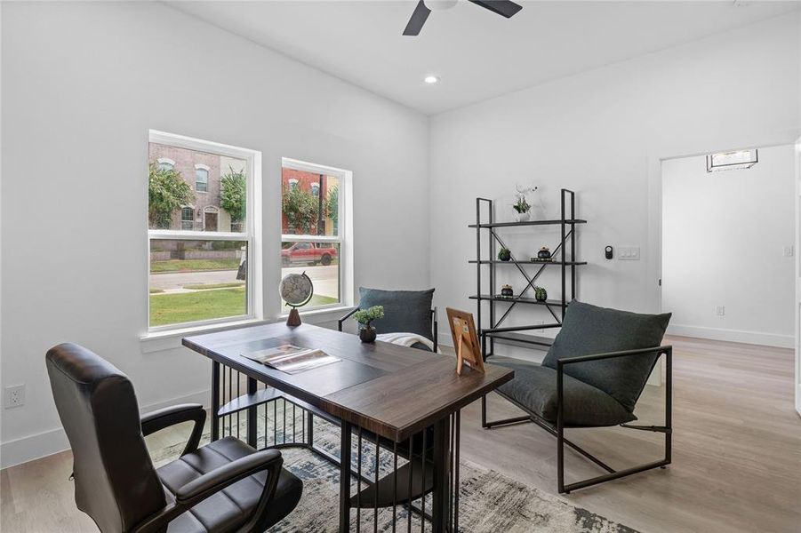 Office featuring light wood finished floors, recessed lighting, and ceiling fan Office featuring light wood finished floors, recessed lighting, and ceiling fan