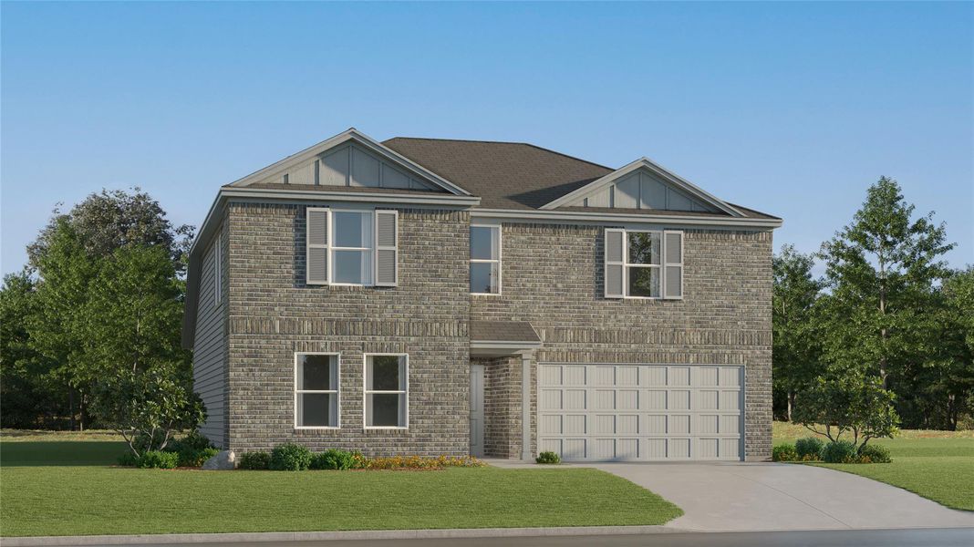Front exterior of a new home in Firefly Pointe: Classic Collection, Hutto, TX, highlighting curb appeal (Image 26). Front exterior of a new home in Firefly Pointe: Classic Collection, Hutto, TX, highlighting curb appeal (Image 26).