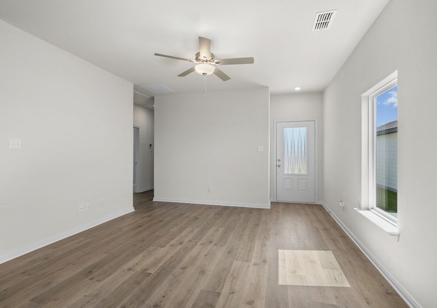 The family room is spacious and has plenty of room for furniture.