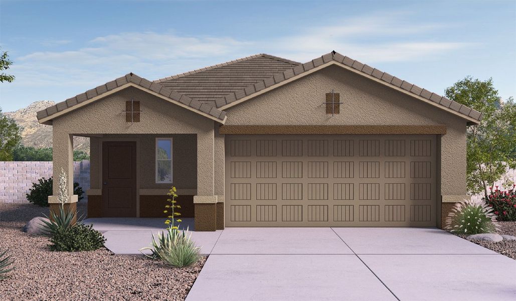 Front exterior of a new home in Coronet at Gladden Farms, Marana, AZ, highlighting curb appeal (Image 1).