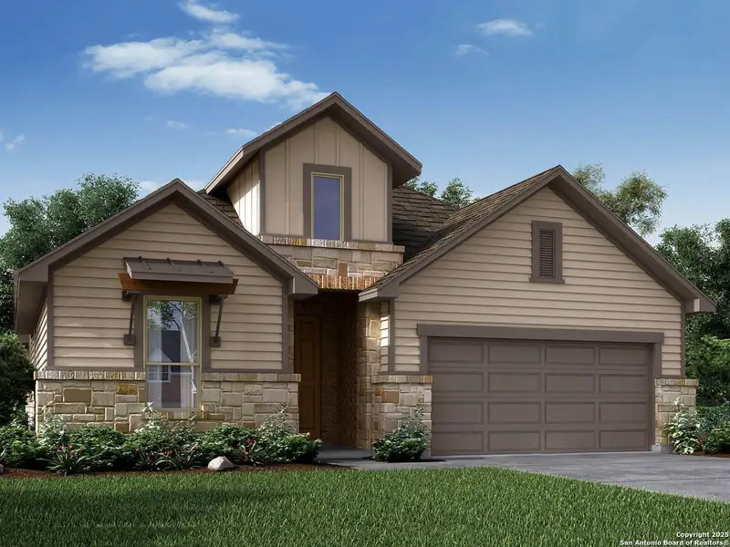 Front exterior of a new home in Estancia Ranch - Classic Series, San Antonio, TX, highlighting curb appeal (Image 1).