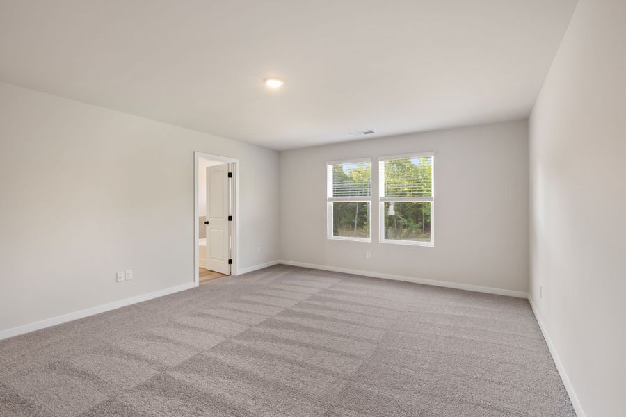 A room with a carpet and a door.