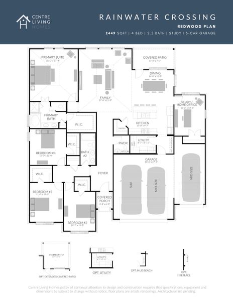 2D floor plan layout for the Redwood by Centre Living Homes in Rainwater Crossing, Celina, TX (Image 3).