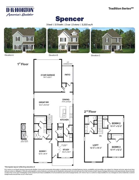 2D floor plan layout for the Spencer by D.R. Horton in The Villas at Haywood Glen, Knightdale, NC (Image 4).