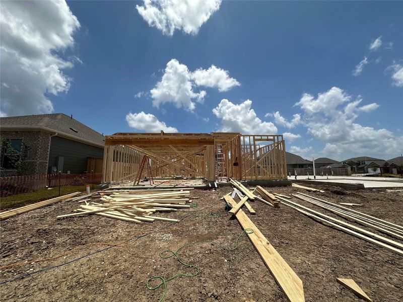 Witness the beginnings of a future residence with solid wood framing under a vast blue sky. Witness the beginnings of a future residence with solid wood framing under a vast blue sky.