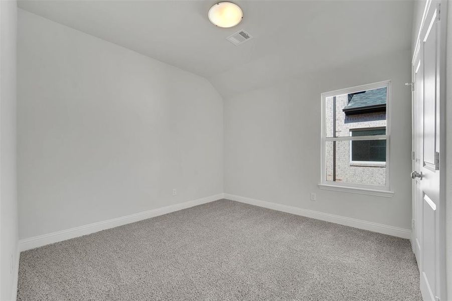 Carpeted spare room featuring lofted ceiling, visible vents, and baseboards