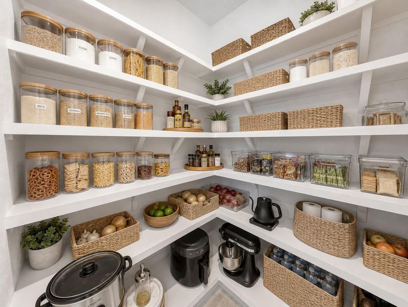Organized white shelves provide generous storage, enhancing the kitchen's functionality. Organized white shelves provide generous storage, enhancing the kitchen's functionality.