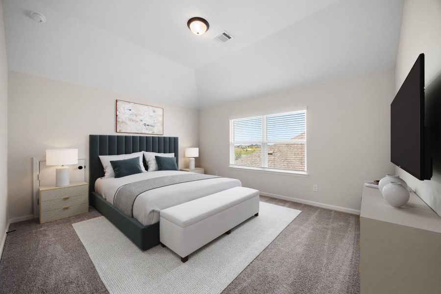 Third spacious secondary bedroom suite on the upper level, highlighting the home's impressive multi-suite design. This private retreat boasts high vaulted ceilings that enhance the room's open and airy feel, plush neutral carpeting, and a large double window equipped with custom blinds for excellent light control. Featuring its own dedicated ensuite bathroom, this versatile space provides top-tier comfort and privacy for all family members or guests. *Virtually Staged Third spacious secondary bedroom suite on the upper level, highlighting the home's impressive multi-suite design. This private retreat boasts high vaulted ceilings that enhance the room's open and airy feel, plush neutral carpeting, and a large double window equipped with custom blinds for excellent light control. Featuring its own dedicated ensuite bathroom, this versatile space provides top-tier comfort and privacy for all family members or guests. *Virtually Staged
