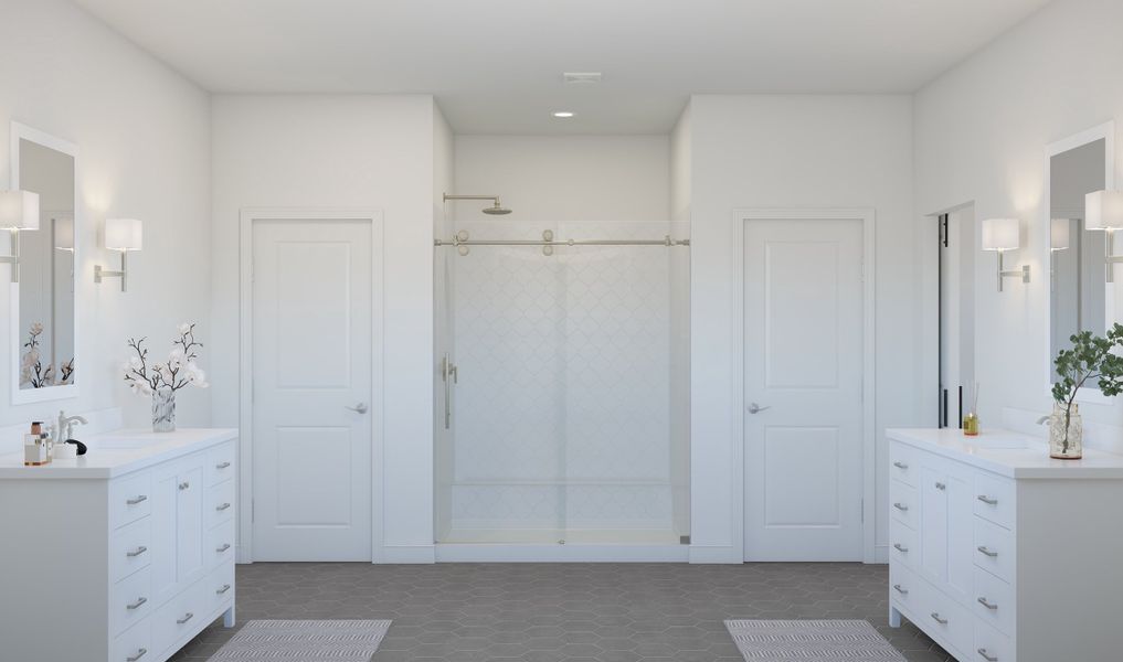 Primary bath with dual vanities and brushed nickel fixtures