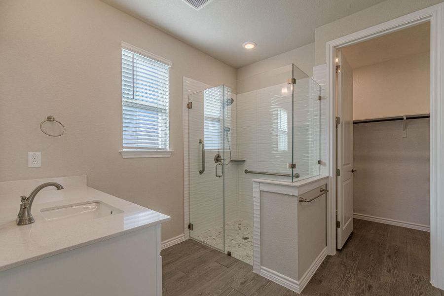 Full bathroom with vanity, dark wood finished floors, a shower stall, and a spacious closet Full bathroom with vanity, dark wood finished floors, a shower stall, and a spacious closet