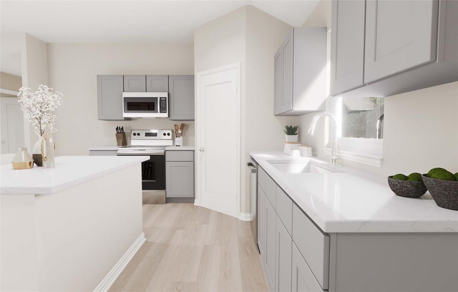 Kitchen featuring gray cabinets, appliances with stainless steel finishes, a sink, and light wood-style floors