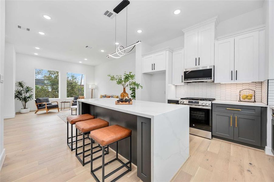 Contemporary, open concept kitchen with high-end finishes