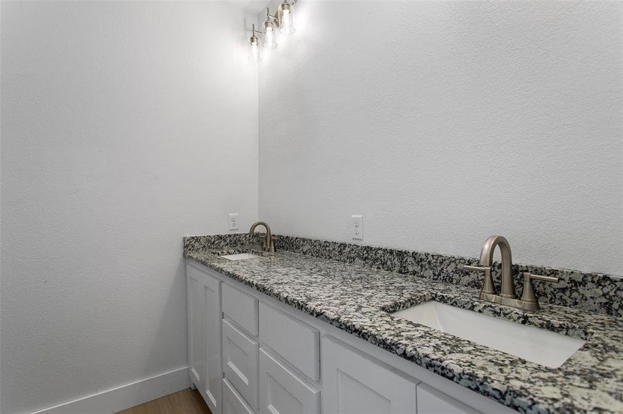 Bathroom with vanity and wood-type flooring