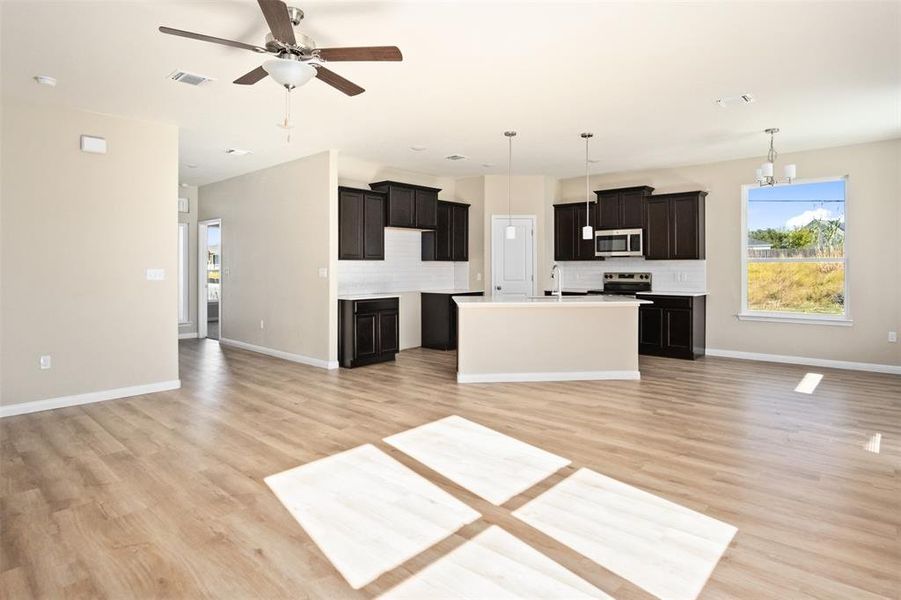 Kitchen featuring appliances with stainless steel finishes, open floor plan, decorative backsplash, and a center island with sink