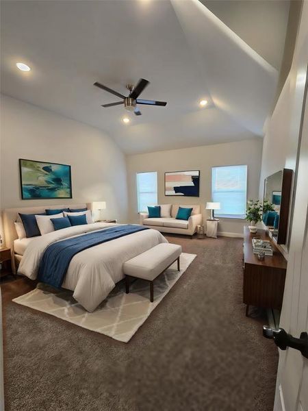 Bedroom featuring ceiling fan, carpet floors, and lofted ceiling