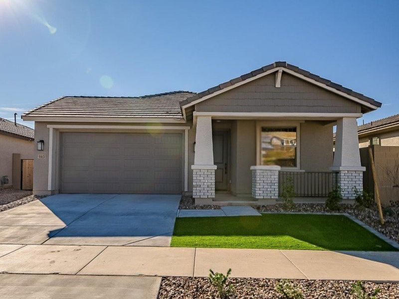 Front exterior of a new home in Mesquite at North Creek, Queen Creek, AZ, highlighting curb appeal (Image 1). Front exterior of a new home in Mesquite at North Creek, Queen Creek, AZ, highlighting curb appeal (Image 1).