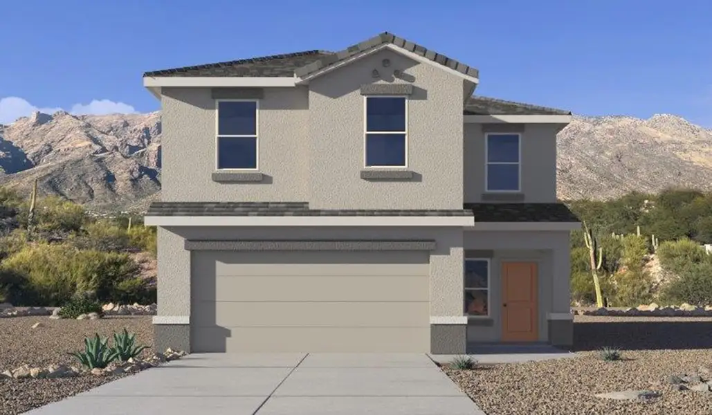 Front exterior of a new home in Hanson Ridge, Vail, AZ, highlighting curb appeal (Image 1). Front exterior of a new home in Hanson Ridge, Vail, AZ, highlighting curb appeal (Image 1).
