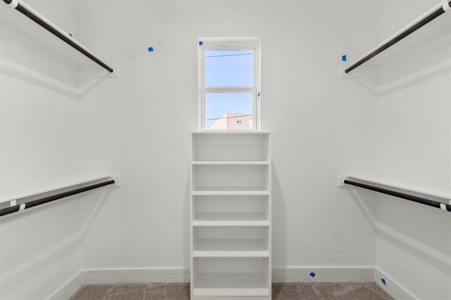 Walk in closet featuring light carpet