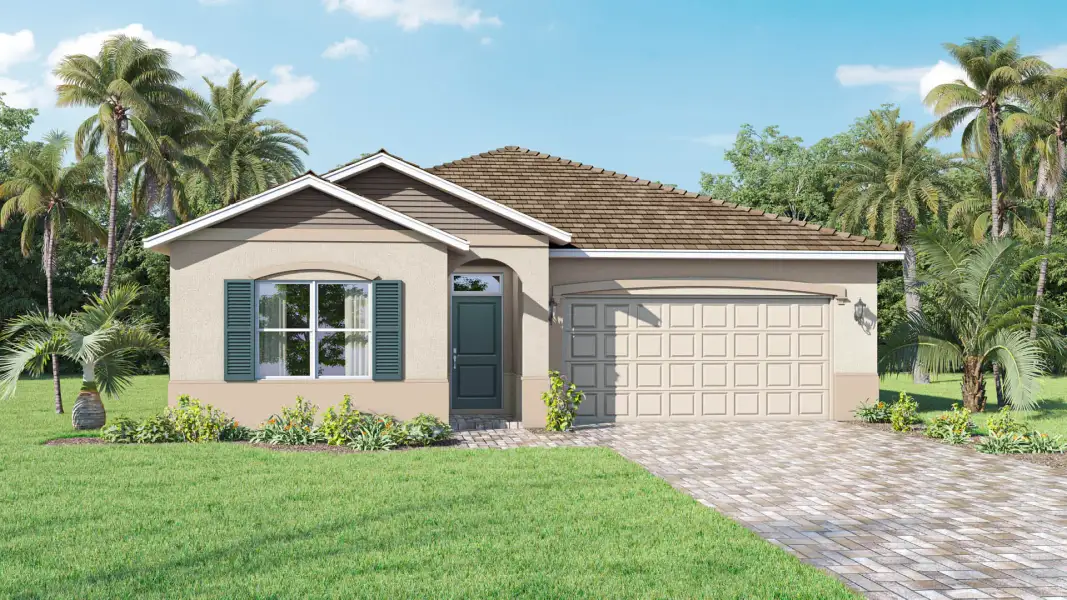 Front exterior of a new home in Cypress Bay West, Palm Bay, FL, highlighting curb appeal (Image 1). Front exterior of a new home in Cypress Bay West, Palm Bay, FL, highlighting curb appeal (Image 1).