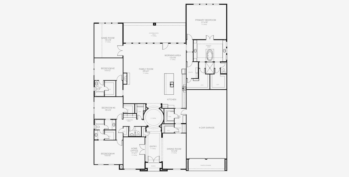 2D floor plan layout for the 4297S by Perry Homes in Lakes of Cane Island, Katy, TX (Image 3).