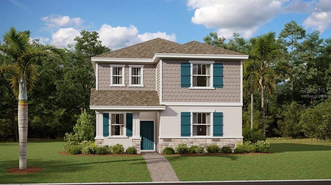Front exterior of a new home in Wellness Ridge, Clermont, FL, highlighting curb appeal (Image 1). Front exterior of a new home in Wellness Ridge, Clermont, FL, highlighting curb appeal (Image 1).
